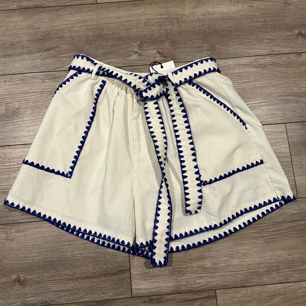 En Saison Donatella Cotton Linen Shorts Natural - Blue size Medium NWT - Picture 4 of 16